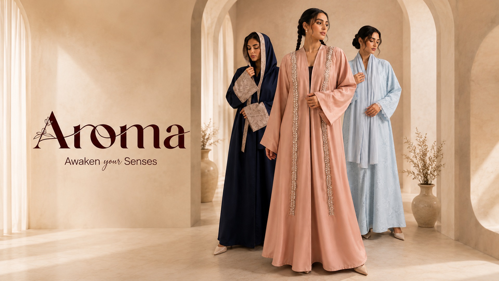 Three Aroma abayas in an arched hallway — timeless elegance